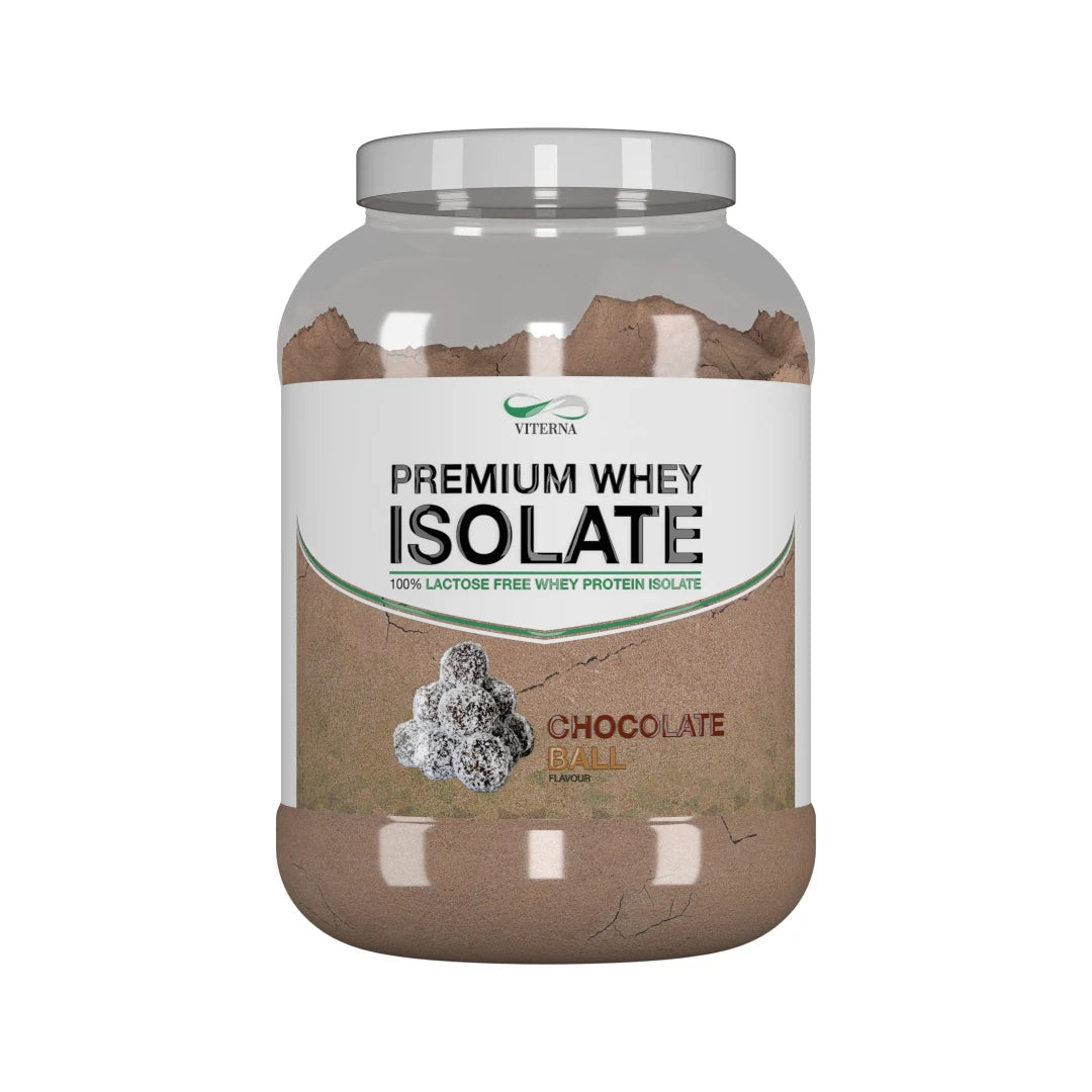 Viterna 100% Premium Whey Isolate 900 g proteinpulver i en gjennomsiktig boks med hvitt lokk for smaken Chocolate Ball., bilde 4 av 4