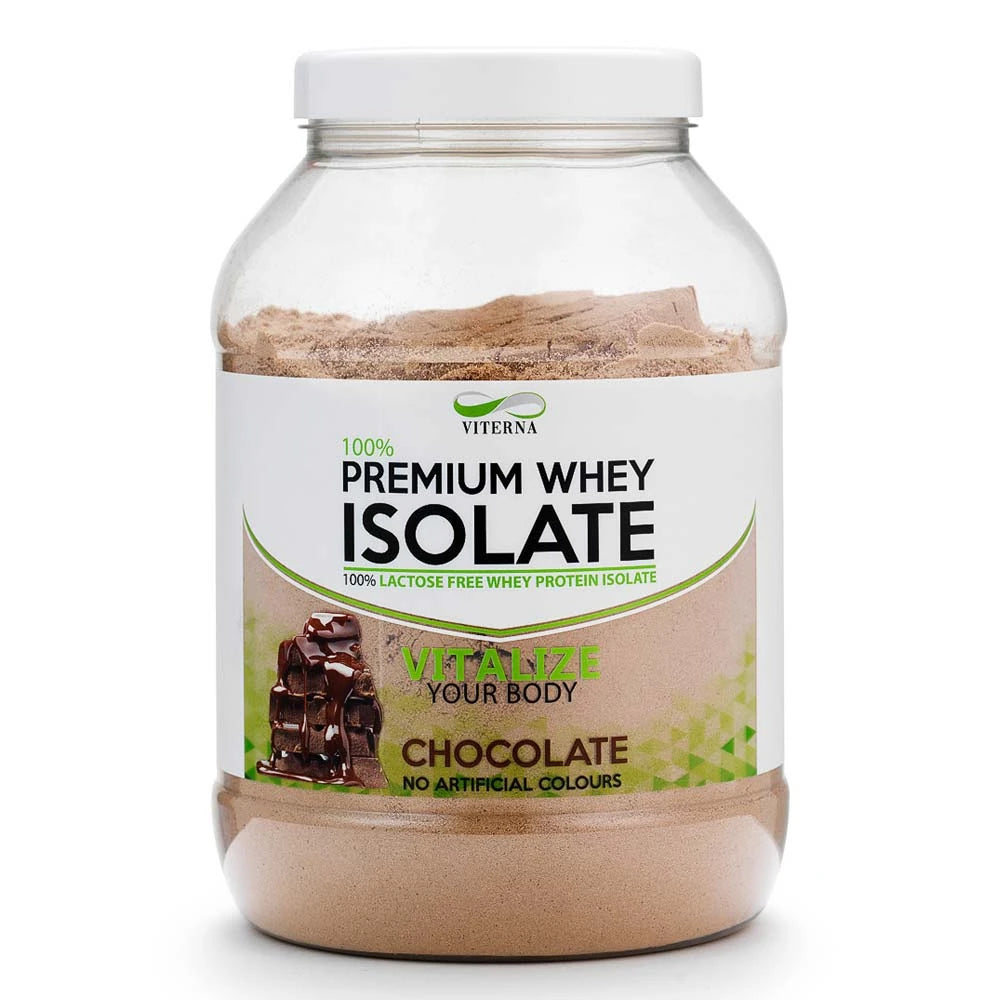 Viterna 100% Premium Whey Isolate 900 g proteinpulver i en gjennomsiktig boks for smaken sjokolade., bilde 1 av 4