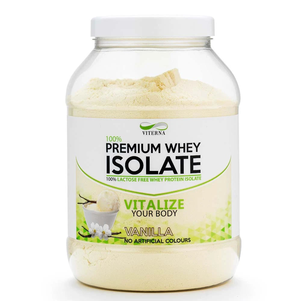Viterna 100% Premium Whey Isolate 900 g i en transparent plastboks med hvit etikett og grønne detaljer for smaken Vanilla., bilde 2 av 4
