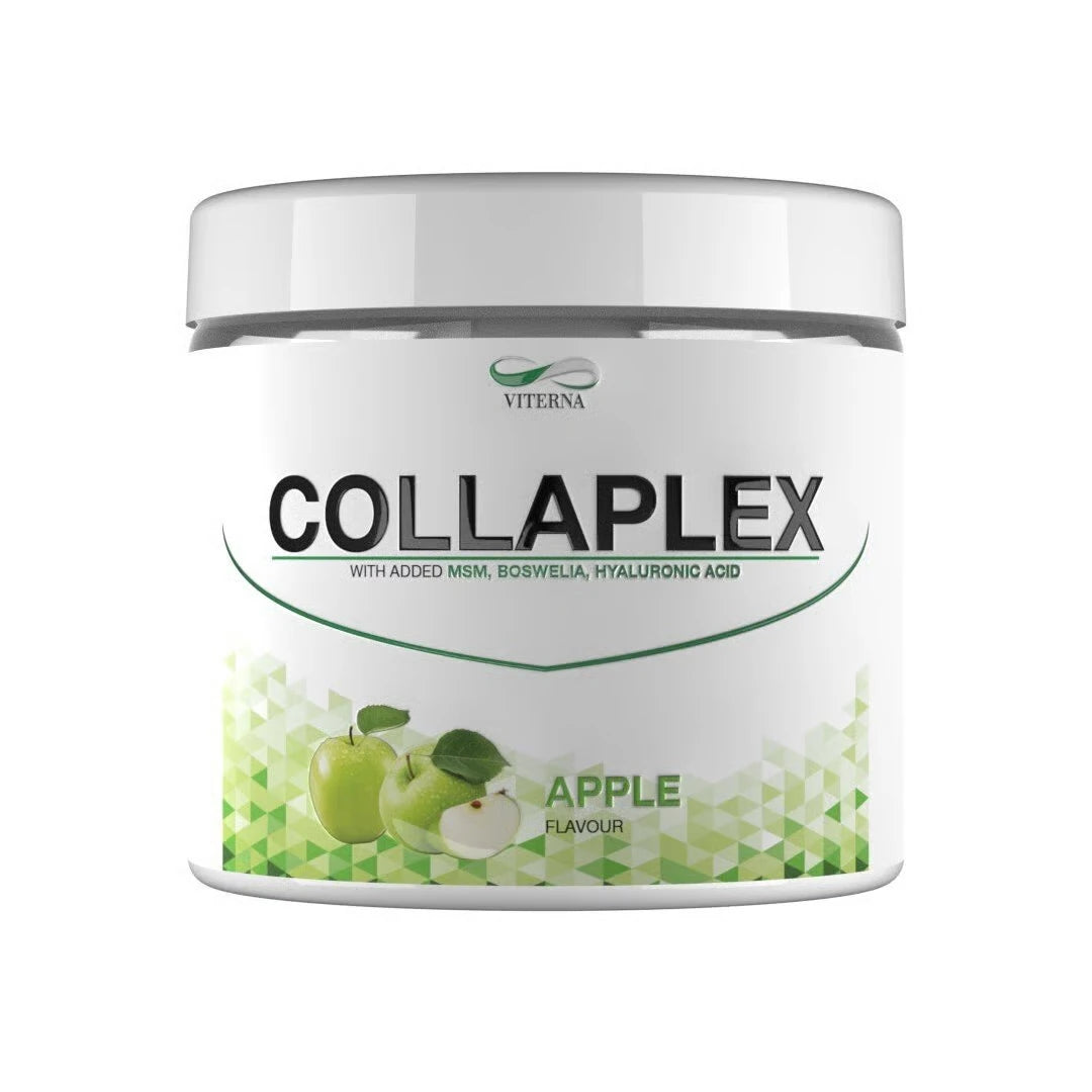 Viterna Collaplex Powder 400 g kollagenpulver i en hvit boks med grønne detaljer og motiv av epler.