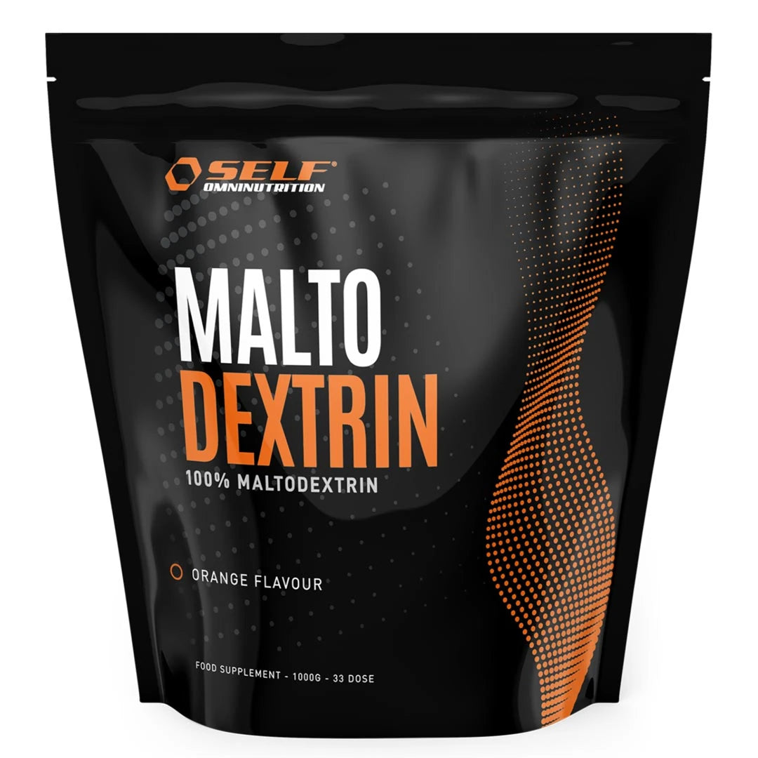 Self Omninutrition Maltodextrin 1 kg karbohydratpulver i en svart pose med oransje detaljer.