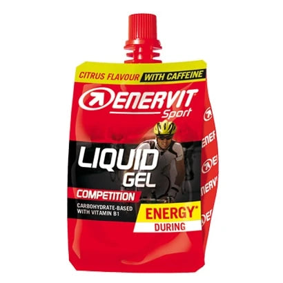 Enervit Liquid Gel Competition 60 ml energigel i rød emballasje med gule detaljer og sitrussmak.