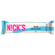 Nicks Dark Chocolate 25 g, en liten mörk chokladbit förpackad i ett vitt papper med ljusblå ränder och rosa Nicks-logga.