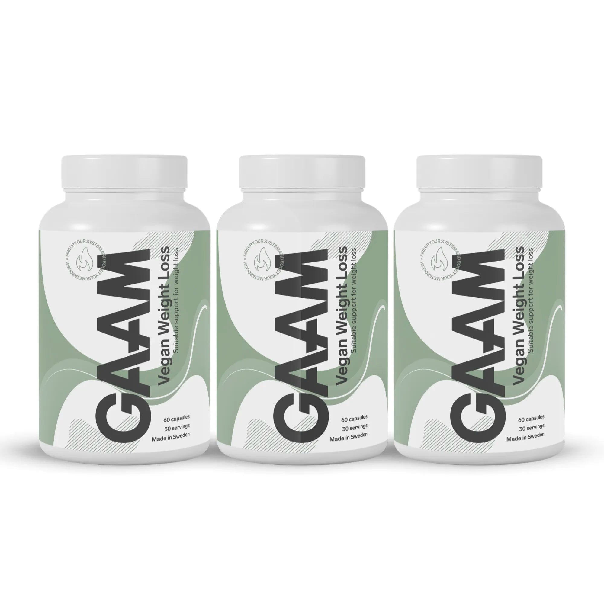 3 x GAAM Vegan Weight loss 60 caps i hvite bokser med grønnhvite etiketter og svart tekst.