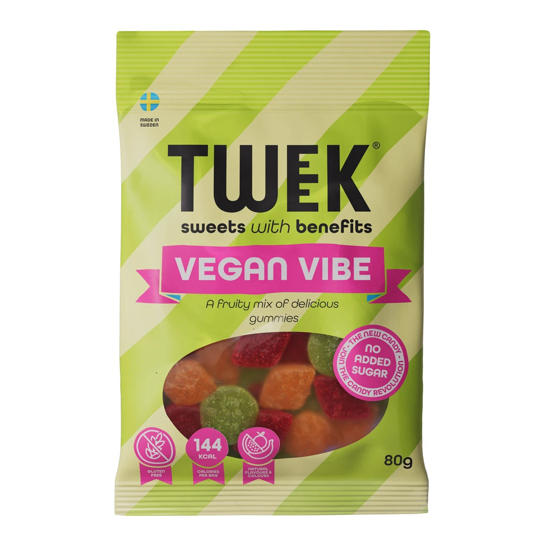 Tweek Sweets 80 g Vegan Vibe gelégodteri i en lysegrønn pose med et vindu som viser de fargerike bitene.
