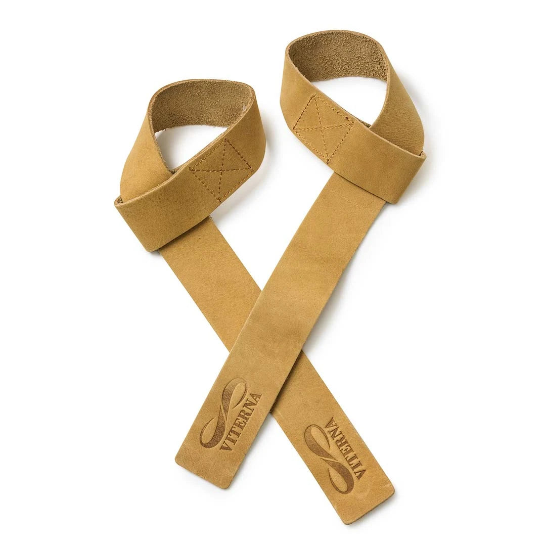Viterna Premium Adjustable Leather Straps Black, et par justerbare løftereimer i lysebrunt skinn med preget logo.