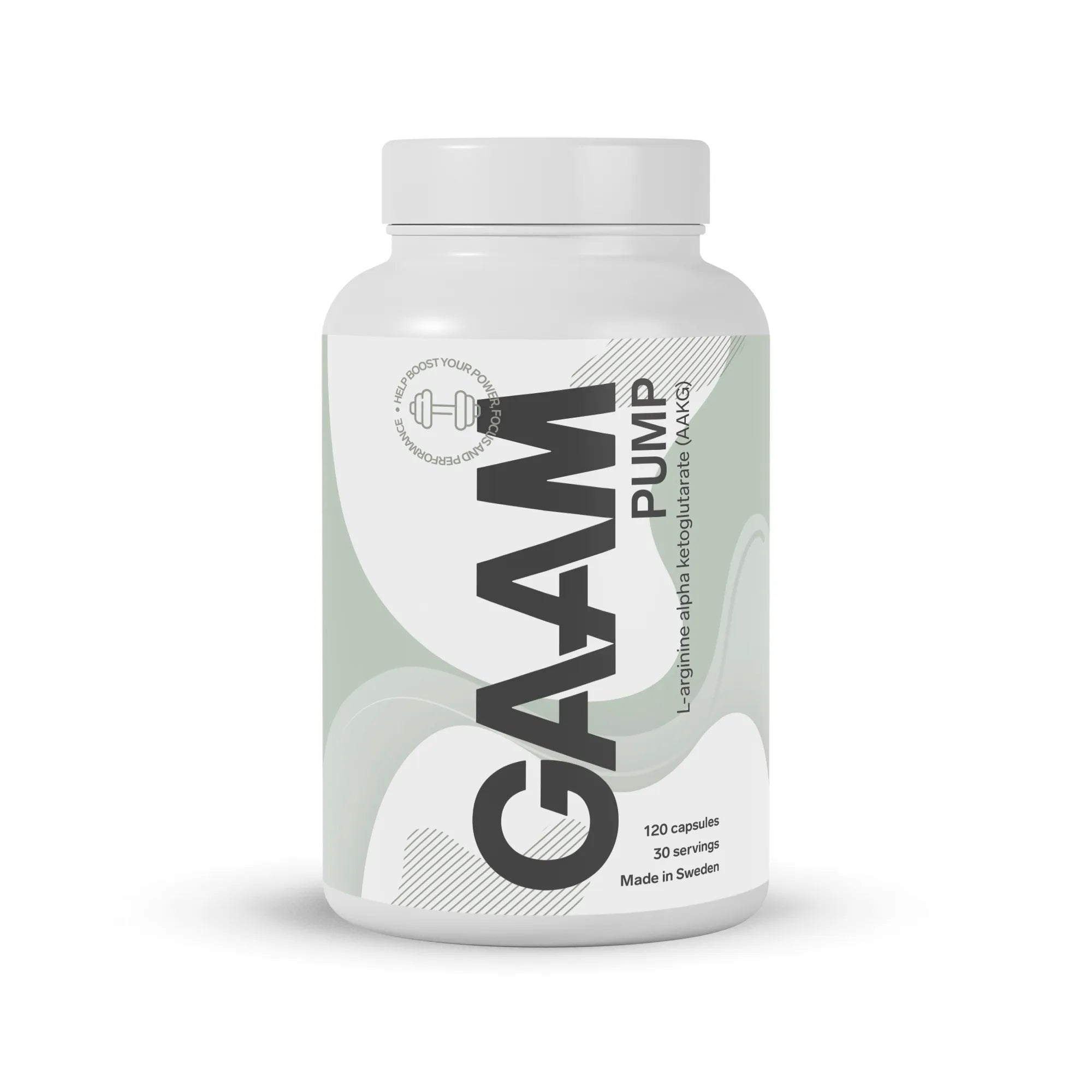 GAAM PUMP 120 caps, koffeinfritt kosttilskudd med AAKG i en hvit boks med grågrønne detaljer.