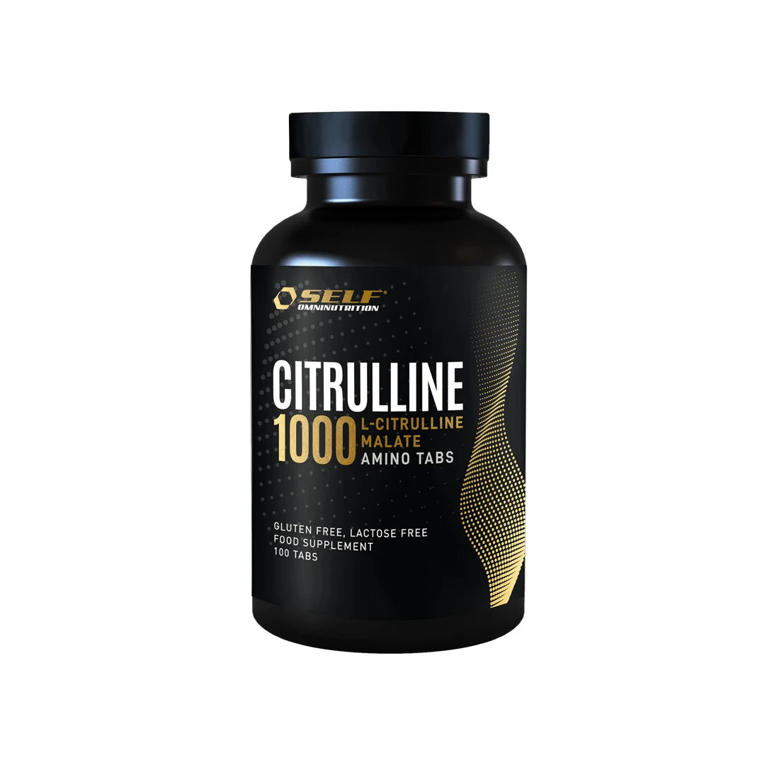 Self Omninutrition Citrulline 1000 100 tabs kosttilskudd i en svart boks med gulldetaljer.