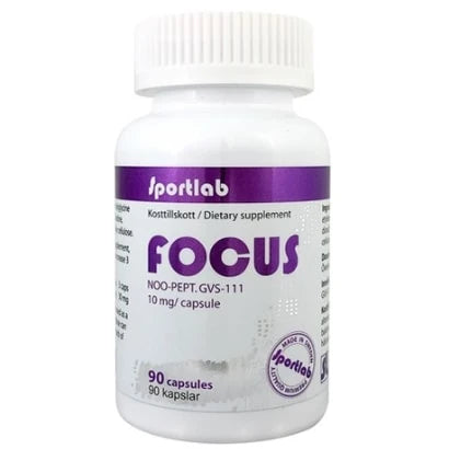 Sportlab Focus NOO-PEPT 90 caps kosttilskudd, pakket i en hvit boks med lilla detaljer.