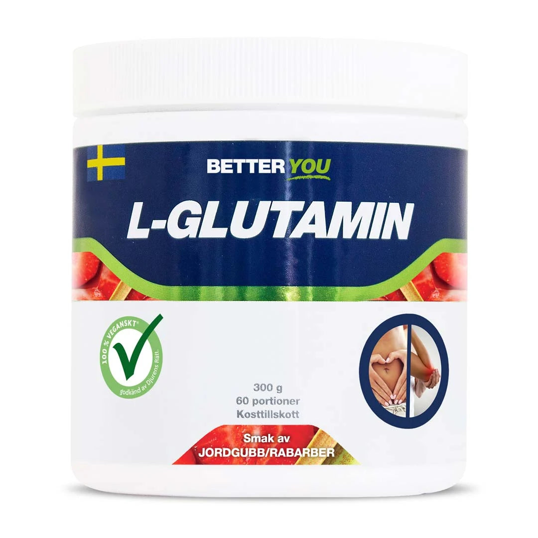 Better You Naturligt Glutamine 300 g aminosyrer i en hvit boks med blå og grønn etikett og smak av jordbær/rabarbra.