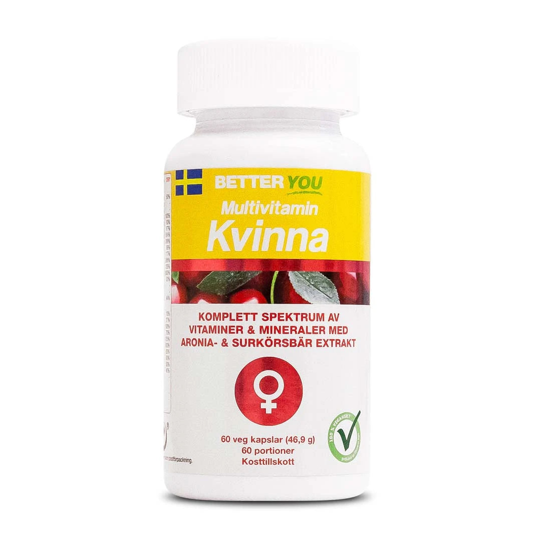 Better You Multivitamin Kvinna 60 caps, veganske vitaminer i en hvit plastboks med gul og rød etikett.