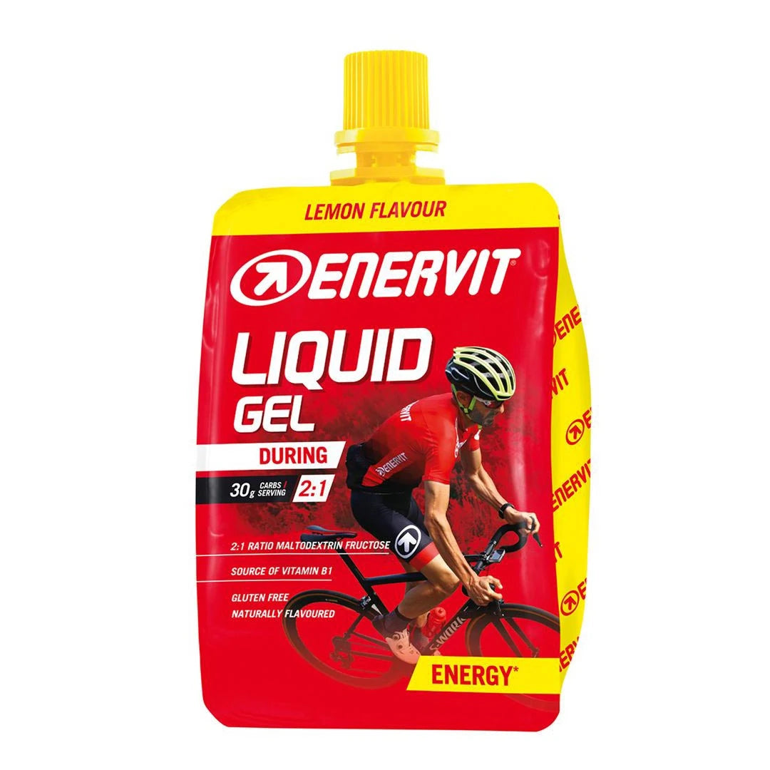 Enervit Liquid Gel 60 ml energigel i en rød og gul pose med smak av Lemon Flavour og motiv av en syklist.