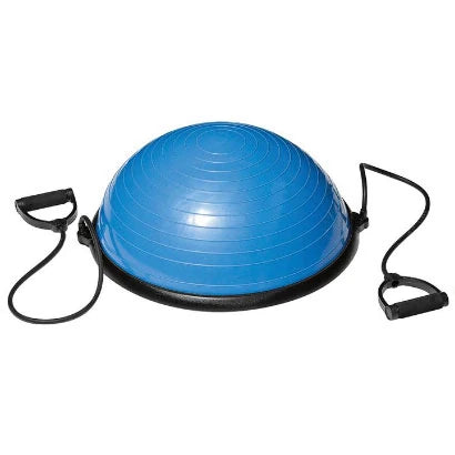 Virtufit Balance Trainer, en blå halv balanseball i PVC med svart base og to svarte treningsbånd.