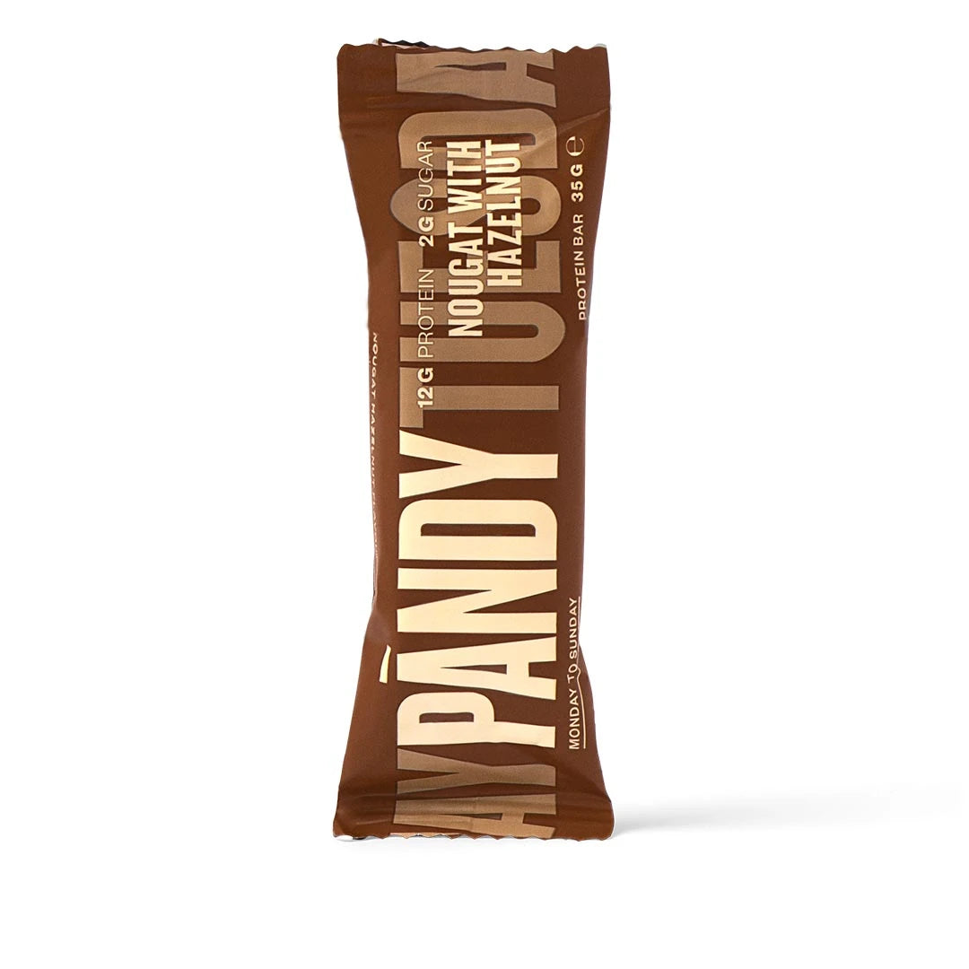 Pändy Protein Bar 35 g i en brun emballasje med smaken Nougat with Hazelnut.