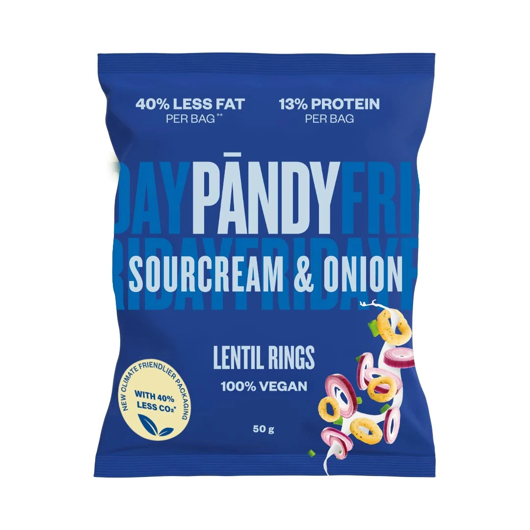 Pändy Lentil Snacks 50 g linsechips i en mørkeblå pose for smaken Sourcream & Onion.