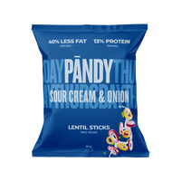 Pändy Lentil Snacks 50 g linsechips i en mørkeblå pose med smaken Sourcream & Onion.
