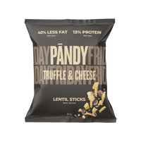 Pändy Lentil Snacks 50 g linsechips i en mørkebrun pose med beige tekst for smaken Truffle & Cheese.