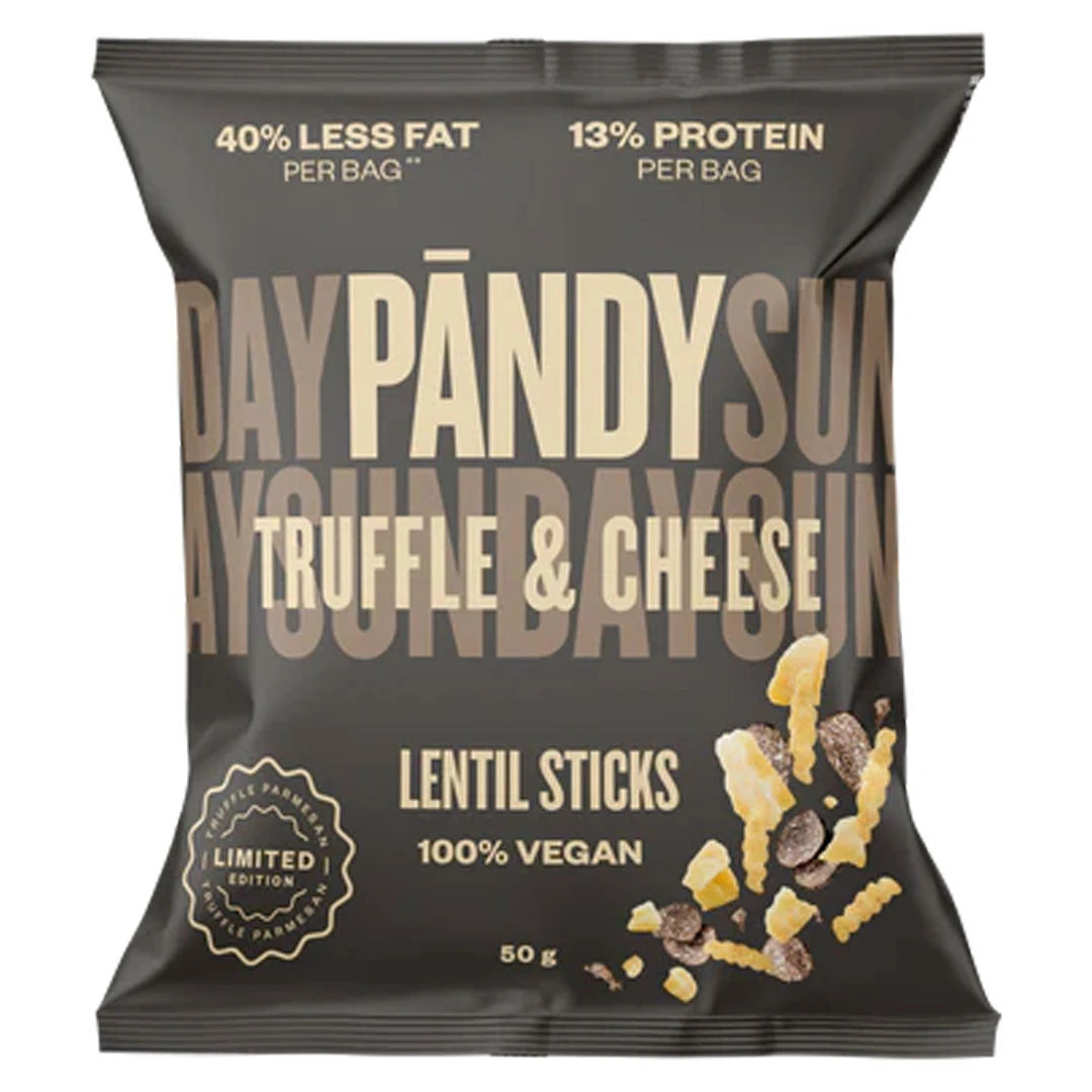 Pändy Lentil Snacks 50 g linsechips i en mørkebrun pose med beige tekst for smaken Truffle &amp; Cheese., bilde 3 av 4