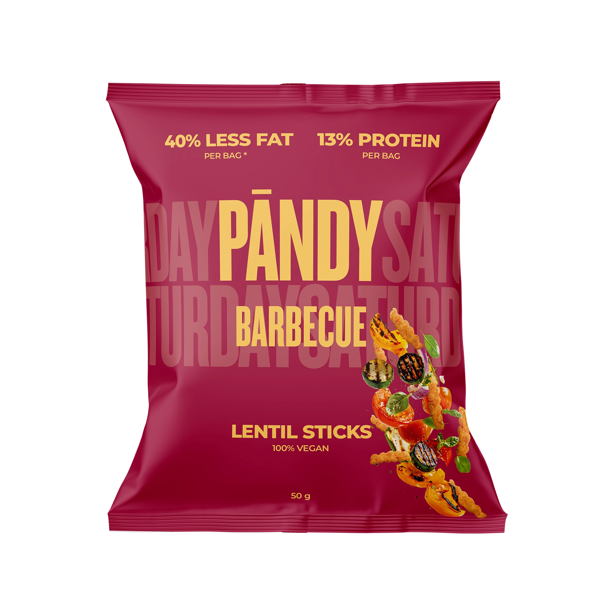 Pändy Lentil Sticks Barbecue 50 g i en mørkerød pose med illustrasjon av linsechips og grillede grønnsaker., bilde 1 av 1