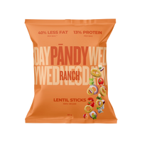 Pändy Lentil Snacks 50 g linsechips med smak av Ranch i en oransje pose.
