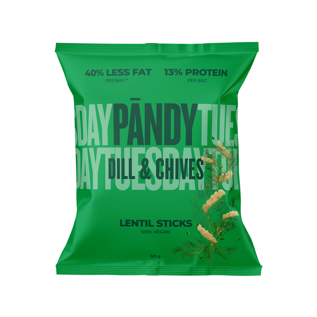Pändy Lentil Sticks 50 g linsechips i en grønn pose for smaken Dill & Chives.