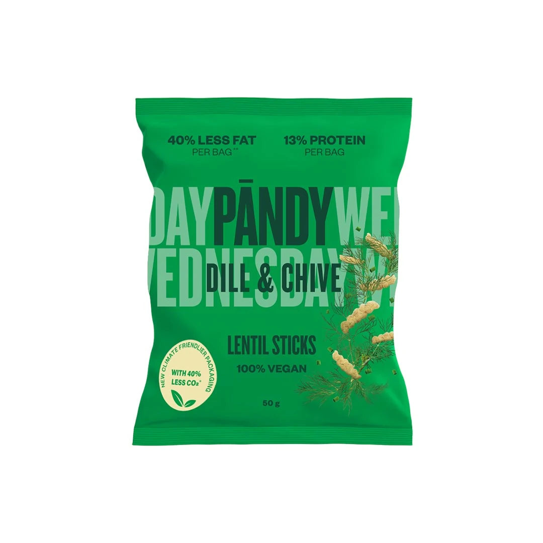 Pändy Lentil Snacks 50 g linsechips i en grønn pose for smaken Dill &amp; Chives., bilde 4 av 4