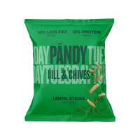 Pändy Lentil Sticks 50 g linsechips i en grønn pose for smaken Dill & Chives.