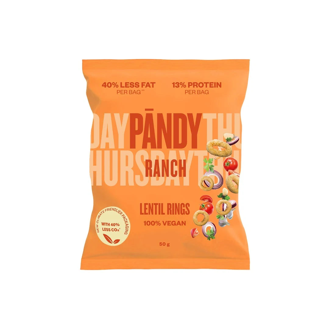 Pändy Lentil Snacks 50 g linsechips i en oransje pose med smaken Ranch.