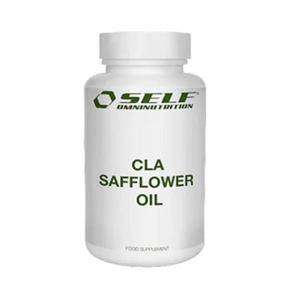 Self Omninutrition CLA Safflower Oil 120 caps i en hvit boks med grønn logo og tekst.