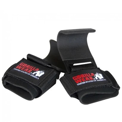 Gorilla Wear Weight Lifting Hooks Black, et par svarte drakroker i stål og nylon med polstret håndleddsstropp.
