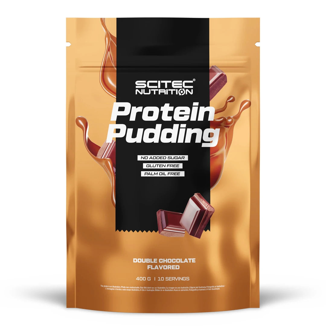 Scitec Nutrition Protein Pudding 400 g i en brun pose med sjokolademotiv for smaken Double Chocolate.