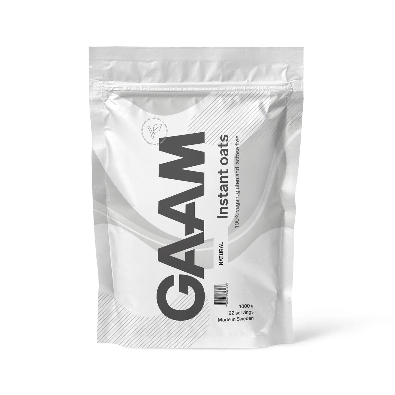 GAAM Instant Oats 1 kg havrebasert pulver i en stilren hvit pose med naturell smak.