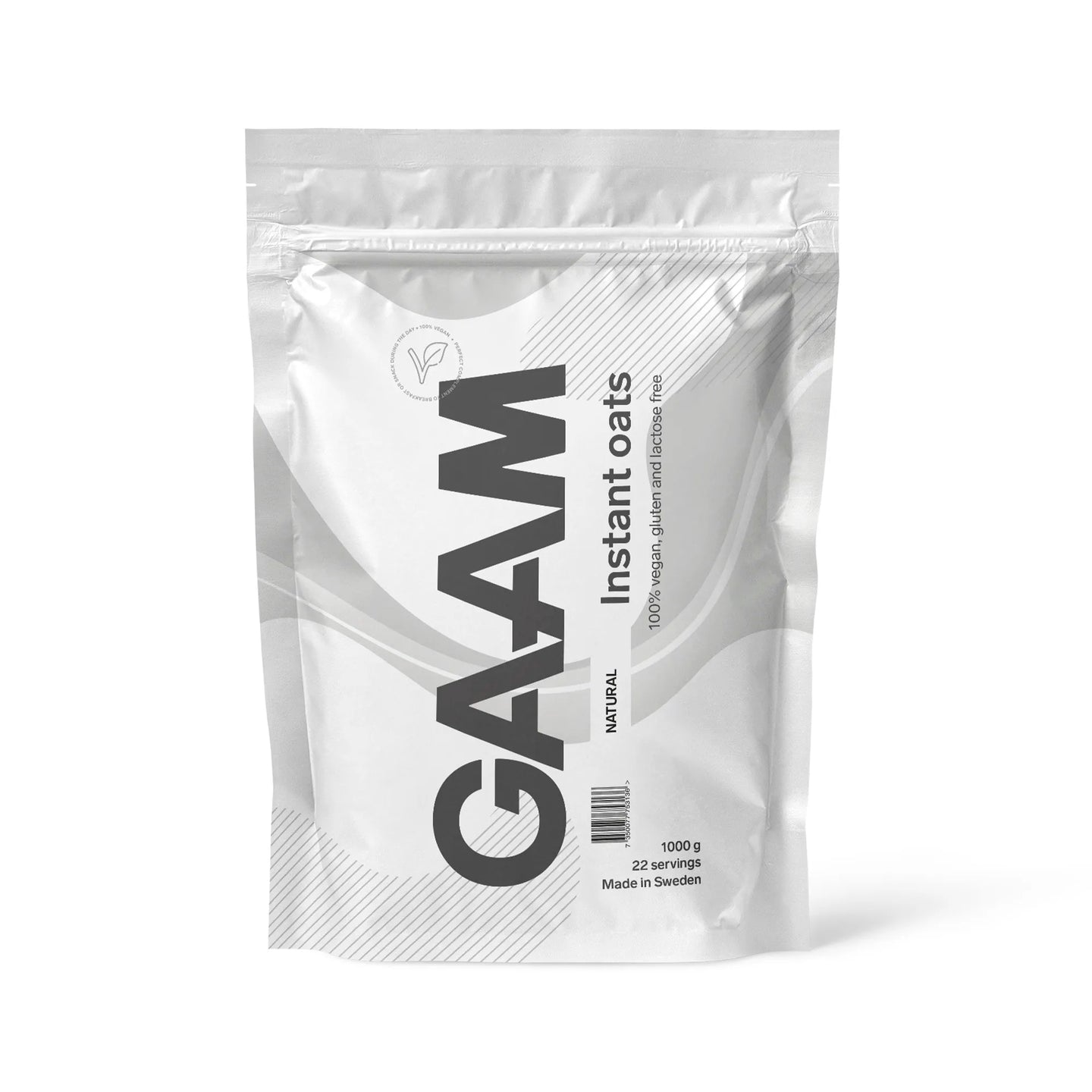 GAAM Instant Oats 1 kg havrebasert pulver i en stilren hvit pose med naturell smak.