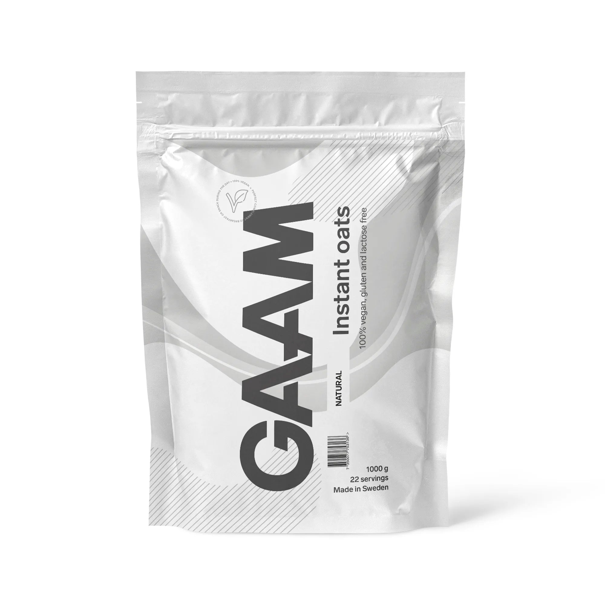 GAAM Instant Oats 1 kg havrebasert pulver i en stilren hvit pose med naturell smak.
