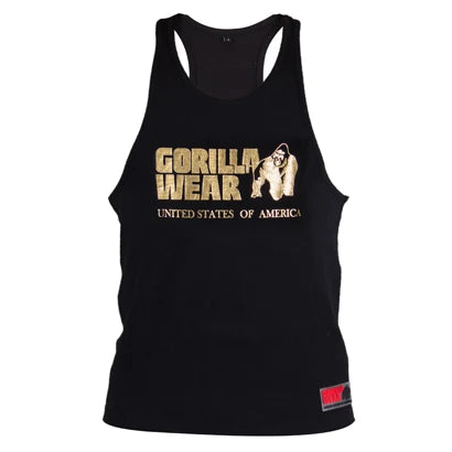 Gorilla Wear Classic Tank Top Black/Gold er en svart brytersinglet i bomull med stort gullfarget trykk foran., bilde 2 av 4