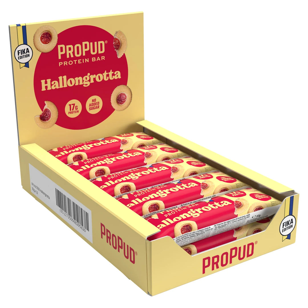 12 x NJIE Propud Proteinbar 55 g i en gul eske med røde detaljer for smaken Hallongrotta.