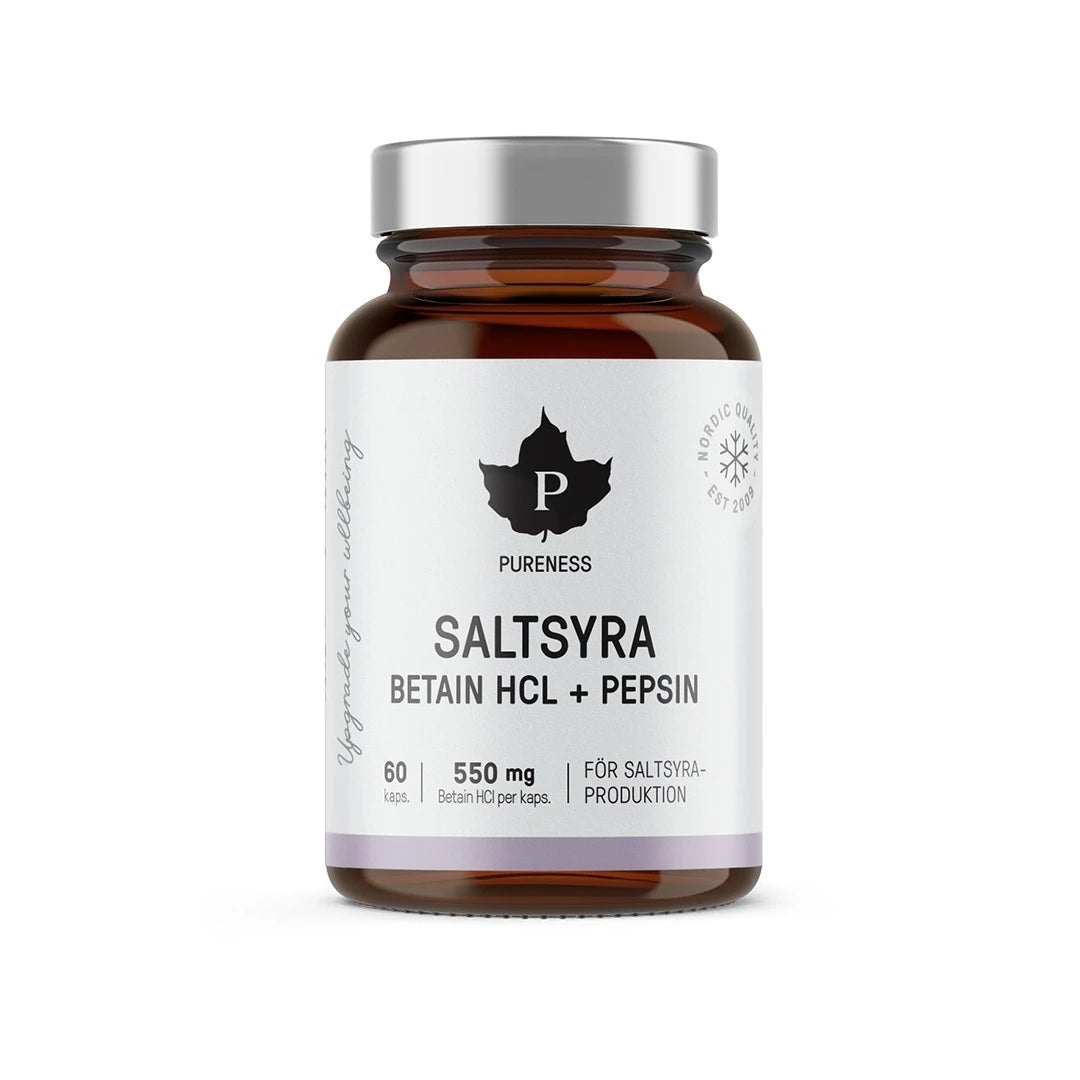 Pureness Beteine HCL -saltsyra 60 caps i en brun glasskrukke med sølvlokk og hvit etikett.
