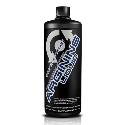 Scitec Nutrition Liquid Arginine 1000 ml flytende aminosyrer i en svart flaske med sølv og blå detaljer.