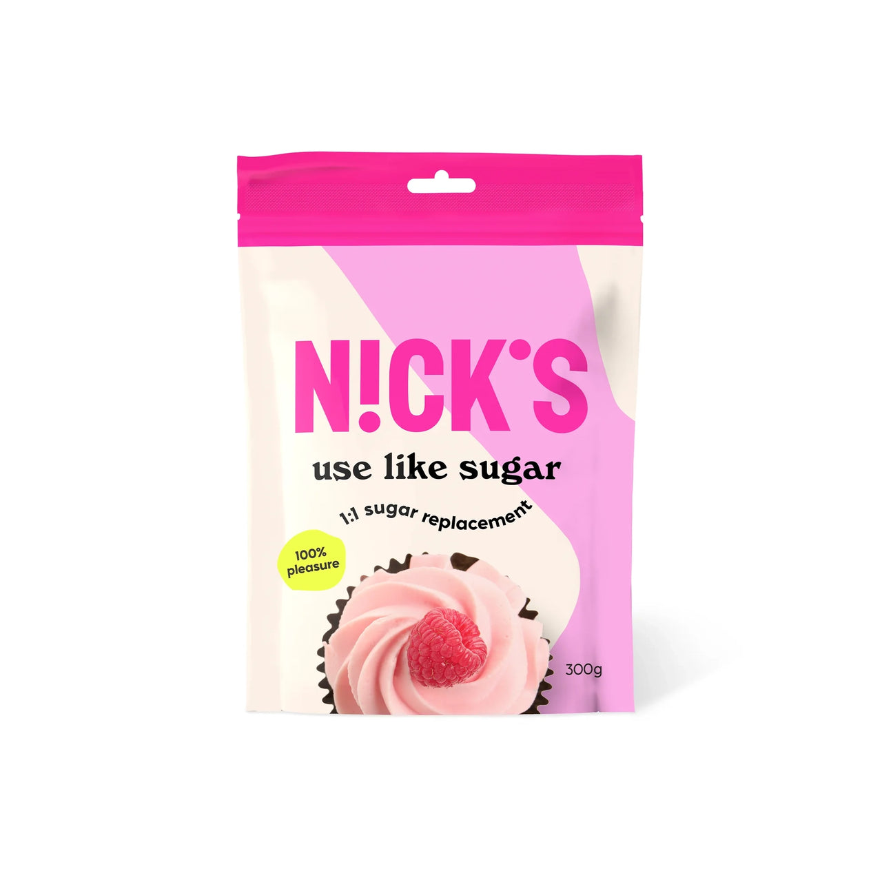 Nicks Use Like Sugar 300 g sukkererstatning i en hvit og rosa pose med motiv av en cupcake.