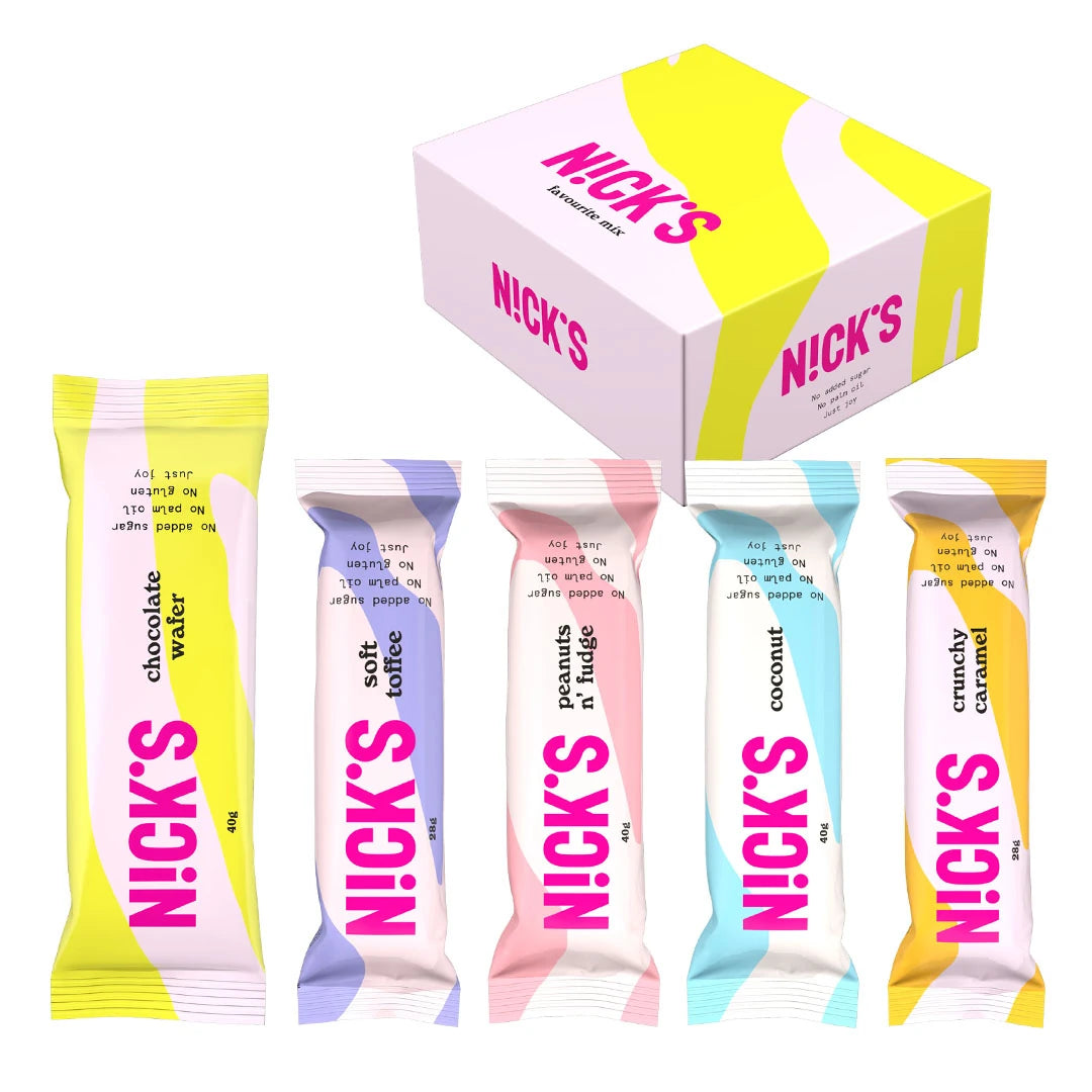 12 x Nicks Favorite Mix, en fargerik eske med ulike smaker av sjokoladebarer uten tilsatt sukker.
