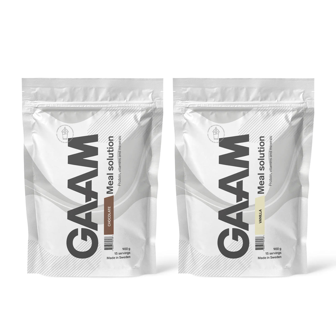 2 x GAAM Meal Solution 900 g Måltidserstatning bestående av to hvite poser i smakene Chocolate og Vanilla.