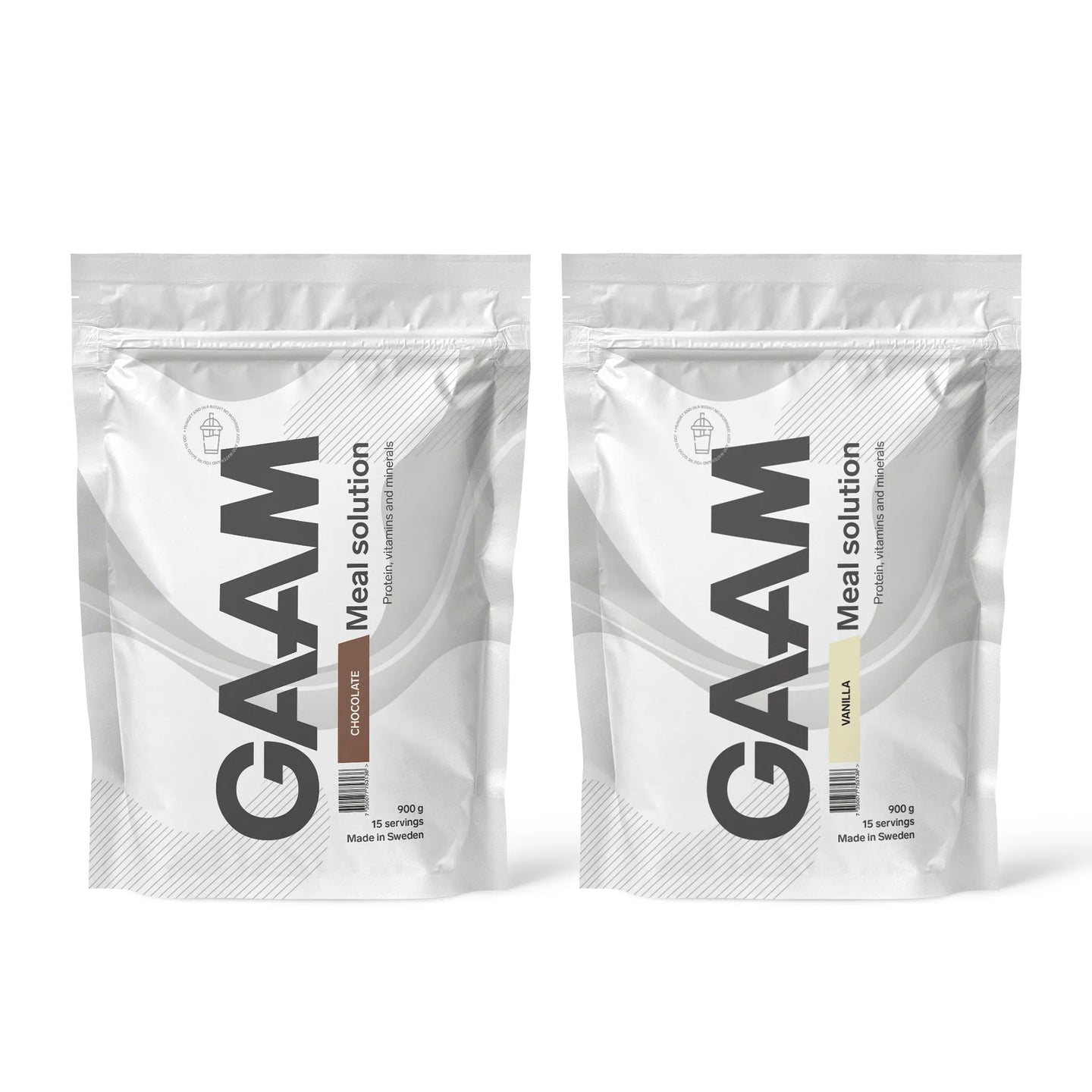 2 x GAAM Meal Solution 900 g Måltidserstatning bestående av to hvite poser i smakene Chocolate og Vanilla.