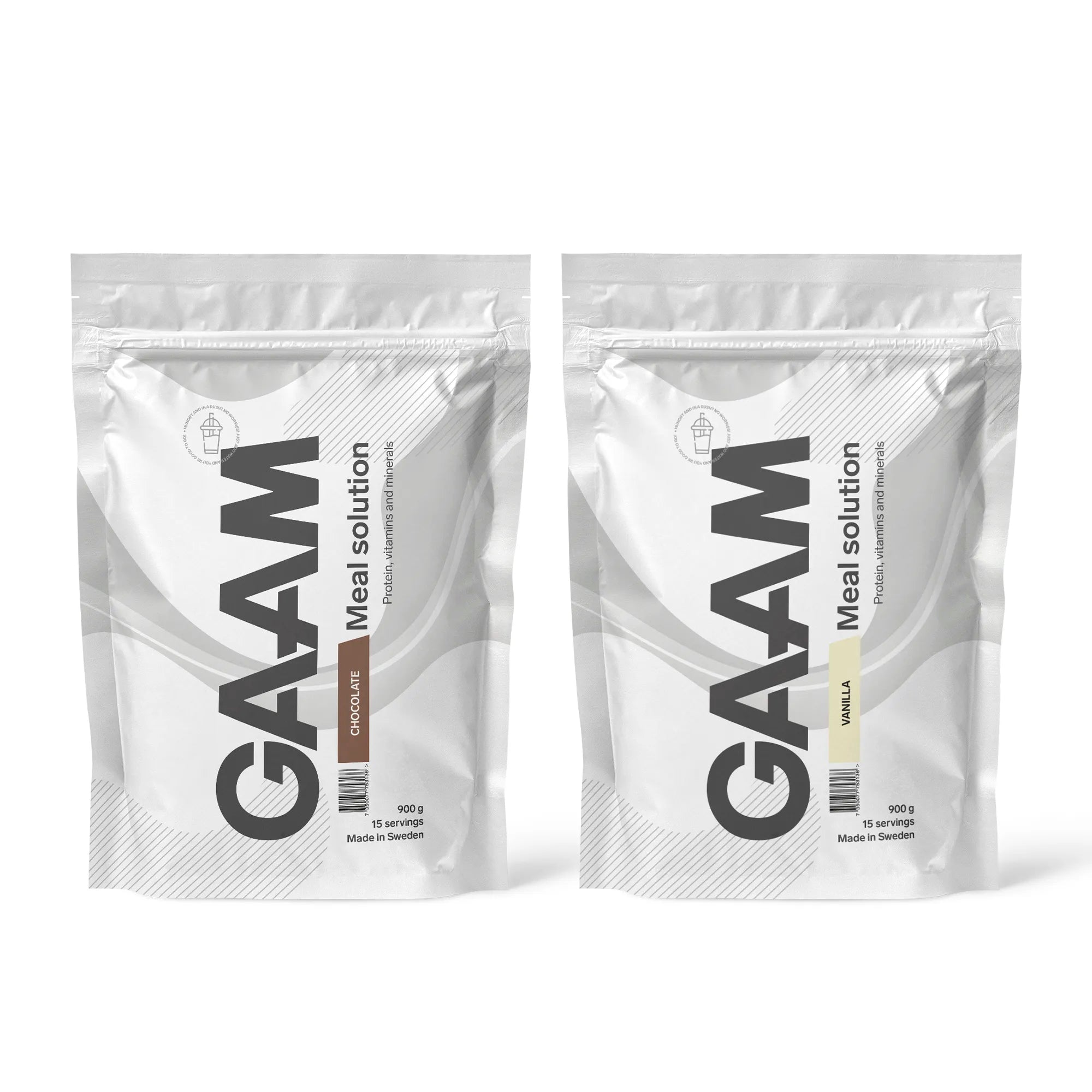 2 x GAAM Meal Solution 900 g Måltidserstatning bestående av to hvite poser i smakene Chocolate og Vanilla.