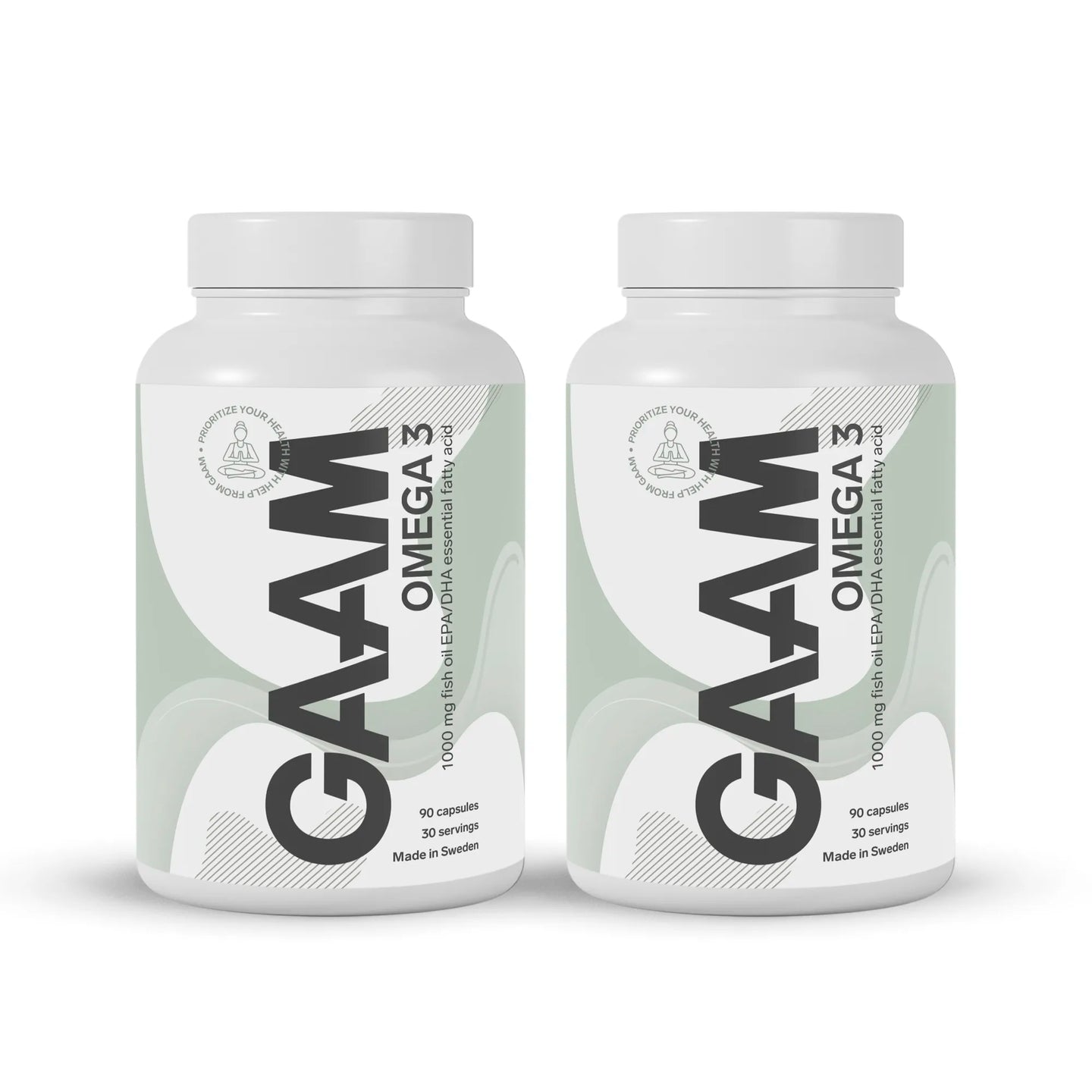 2 x GAAM Omega-3 90 caps kosttilskudd i to hvite bokser med lysegrønne detaljer.