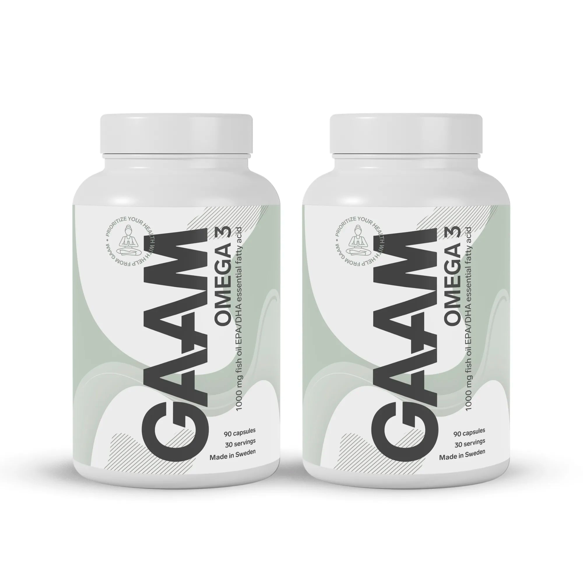 2 x GAAM Omega-3 90 caps kosttilskudd i to hvite bokser med lysegrønne detaljer.