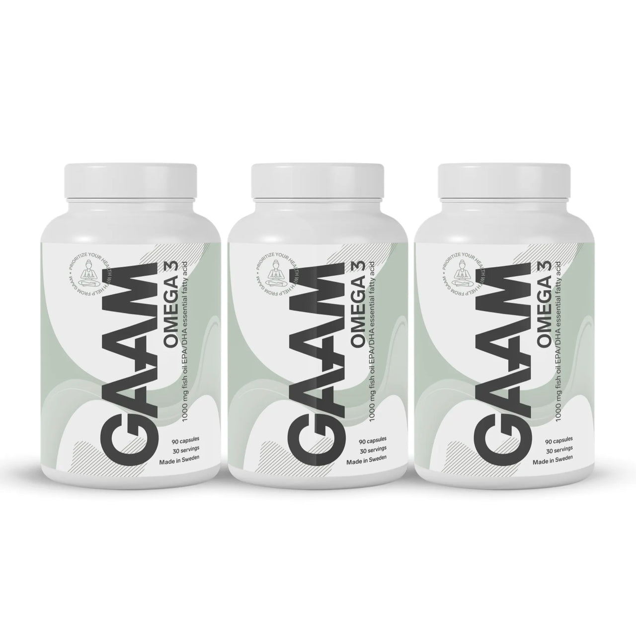3 x GAAM Omega-3 90 caps i tre hvite bokser med lysegrønne detaljer og svart tekst.