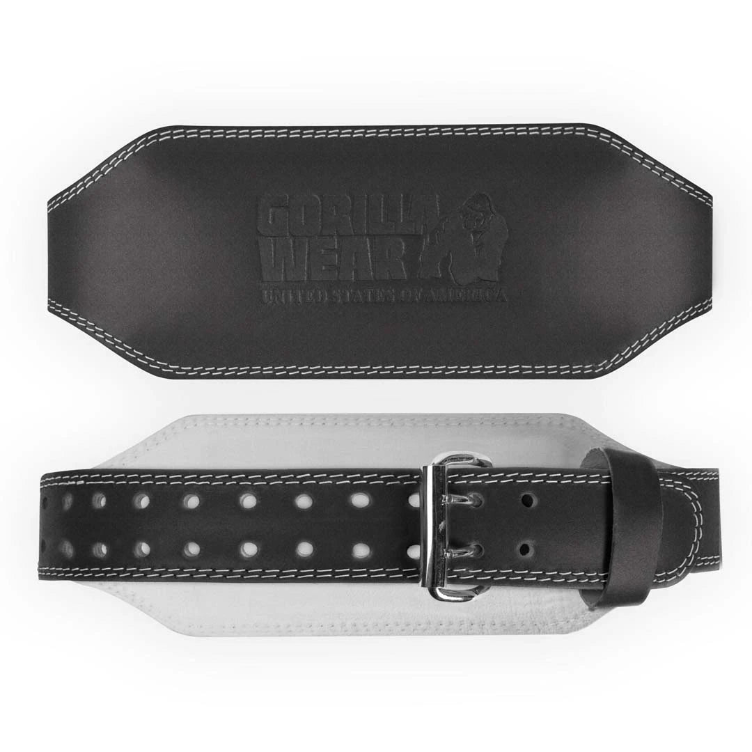 Gorilla Wear 6 Inch Padded Leather Belt Black, et svart og ekstra bredt treningsbelte i lær med hvite sømmer.