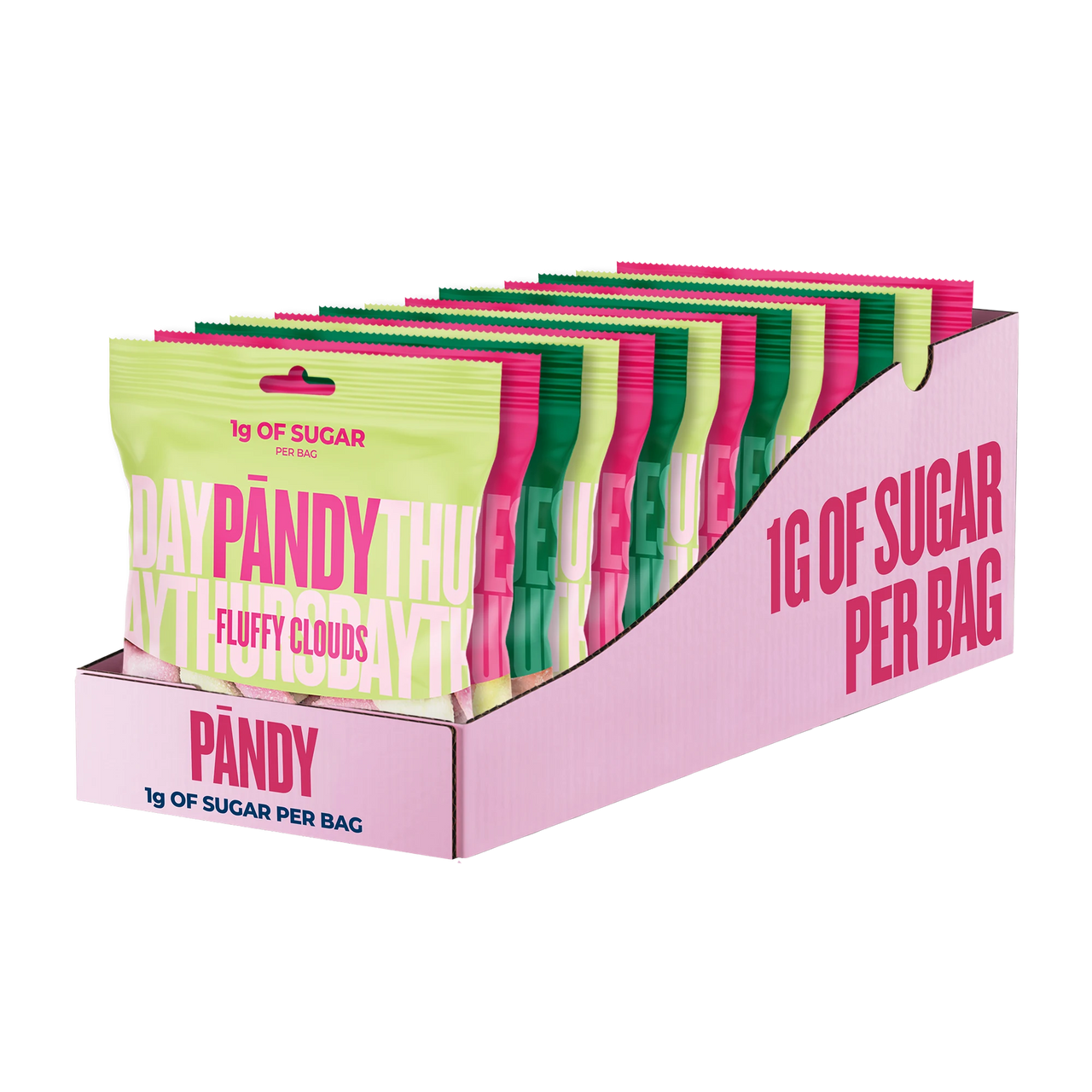 14 x Pändy Candy 50 g mikseske i en lyserosa displayeske fylt med fargerike godteriposer.