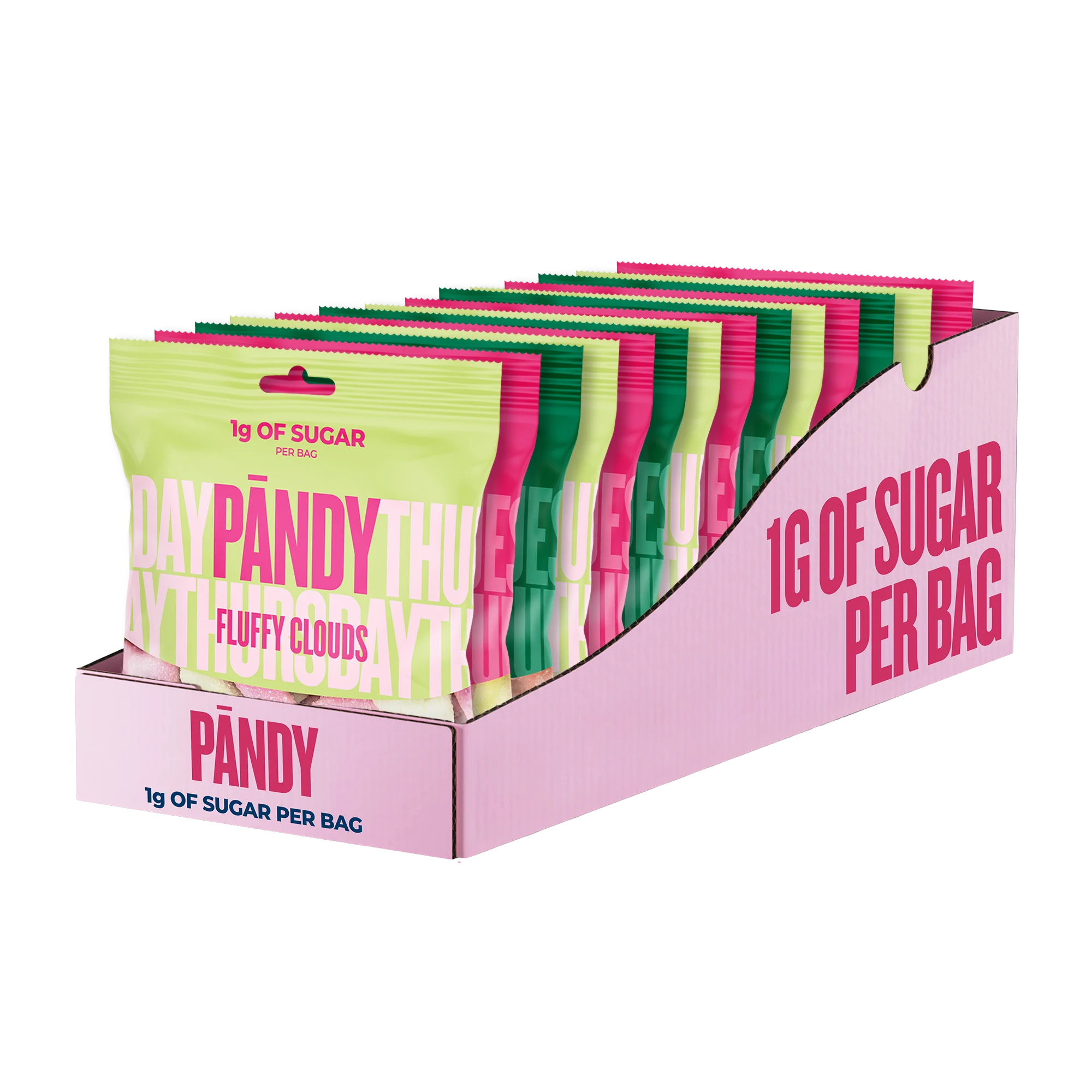 14 x Pändy Candy 50 g mikseske i en lyserosa displayeske fylt med fargerike godteriposer., bilde 1 av 1