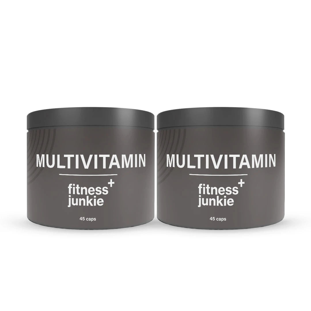 2 x fitnessjunkie Multivitamin 45 caps i to mørkegrå bokser med hvit tekst.